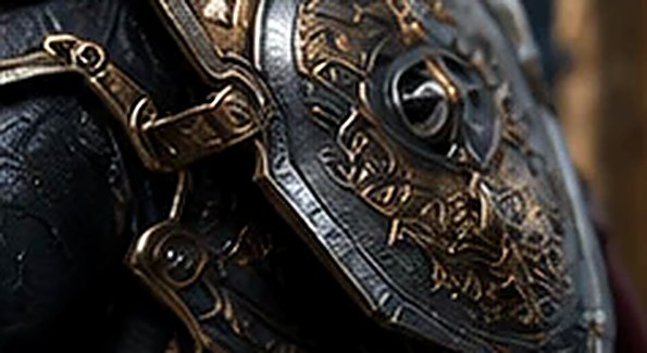 Close-up of engraved gold and steel pauldron