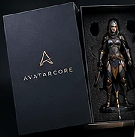 Black premium box with foam tray holding the figure and its parts